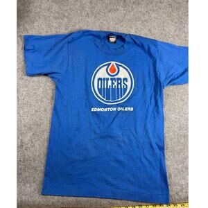 Vintage 90s Edmonton Oilers NHL T Shirt Mens Small Blue Hockey Cotton Blend USA